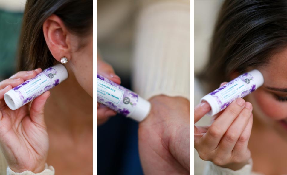 Side by side pictures of a woman applying the Zen + Calm Lavender Balm on her body.