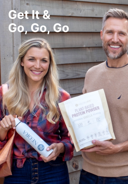 A woman holding a Neora bottle next to a man holding a bag of Neora's Plant-Based Protein Powder.